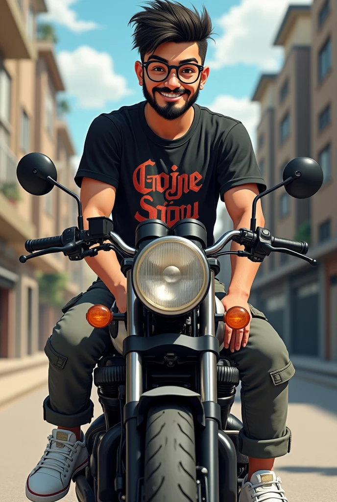 A 16 yrs old boy with beared and mustache, french crop hair, a round shaped glass, brown shin, black Gojo Satoru T-shirt, with cargo pant and white sneakers, smiling with attitude, sitting on a continental gt 650,realistic