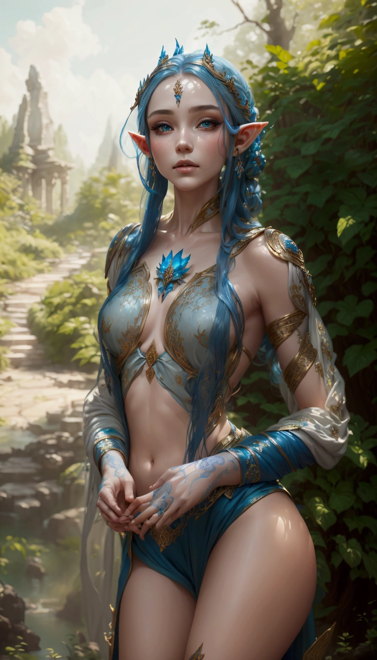 a beautiful elf with long blue hair, detailed face, porcelain skin, delicate features, intricate headdress, flowing blue robes, ethereal pose, fantasy forest background, warm lighting, dramatic shadows, vibrant colors, highly detailed, masterpiece, digital art