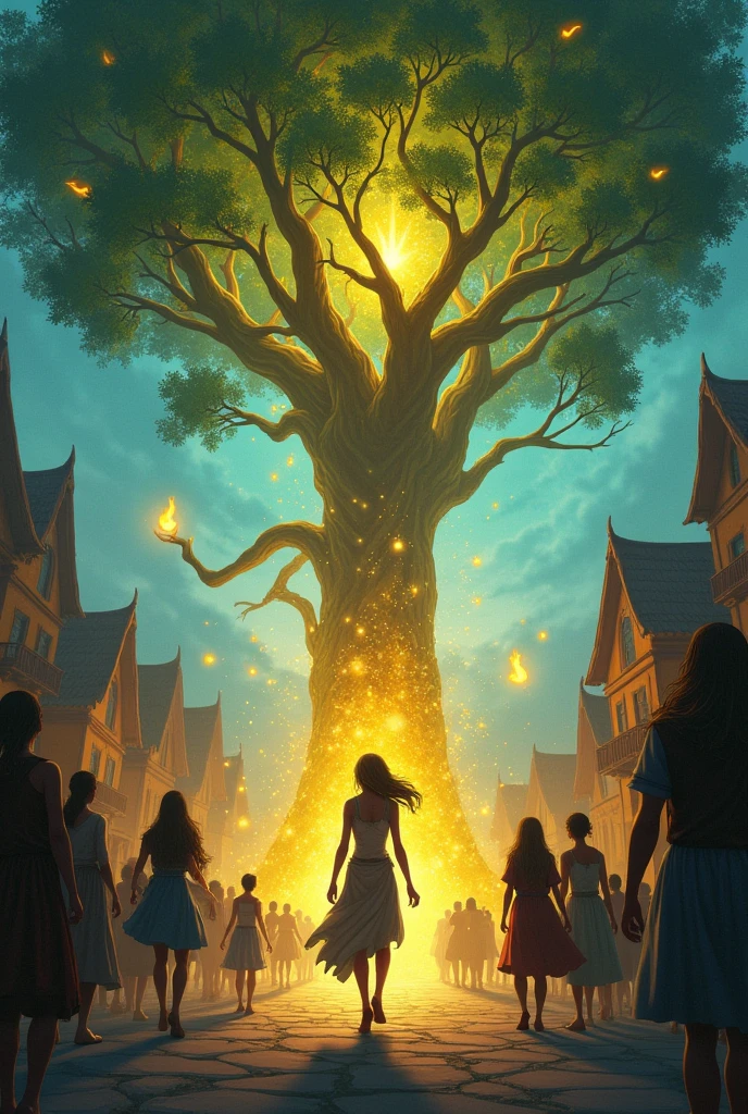 A brave  with a determined look, walking towards the Magic Tree. The tree’s glow brightens as she gets closer, and the surrounding villagers watch her with a mix of excitement and concern.