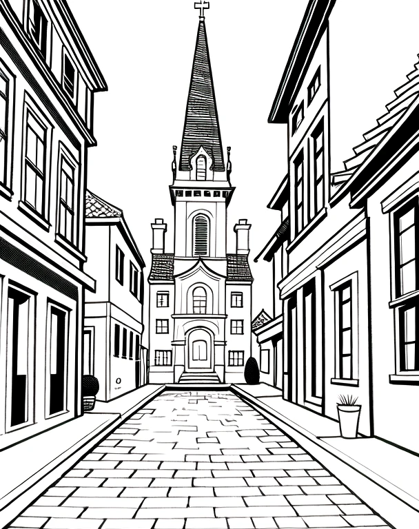 coloring page, b&w, line art, fantasy town