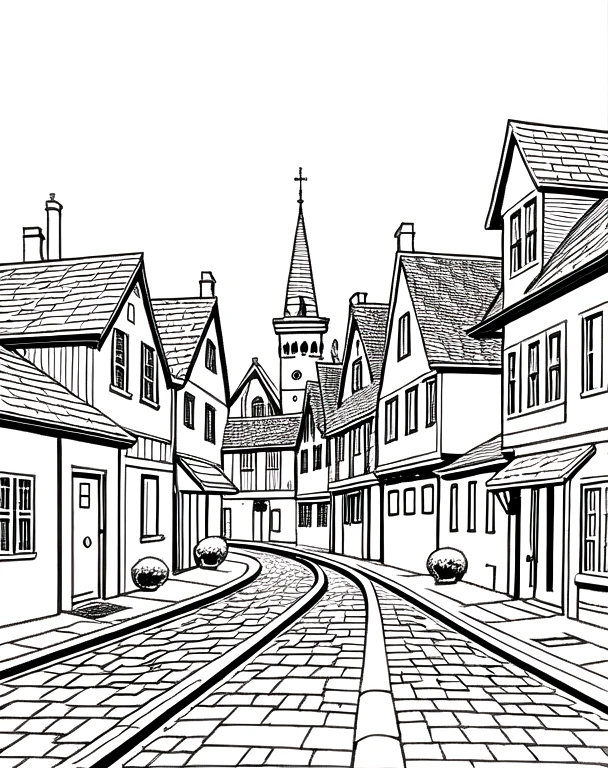 coloring page, b&w, line art, fantasy town