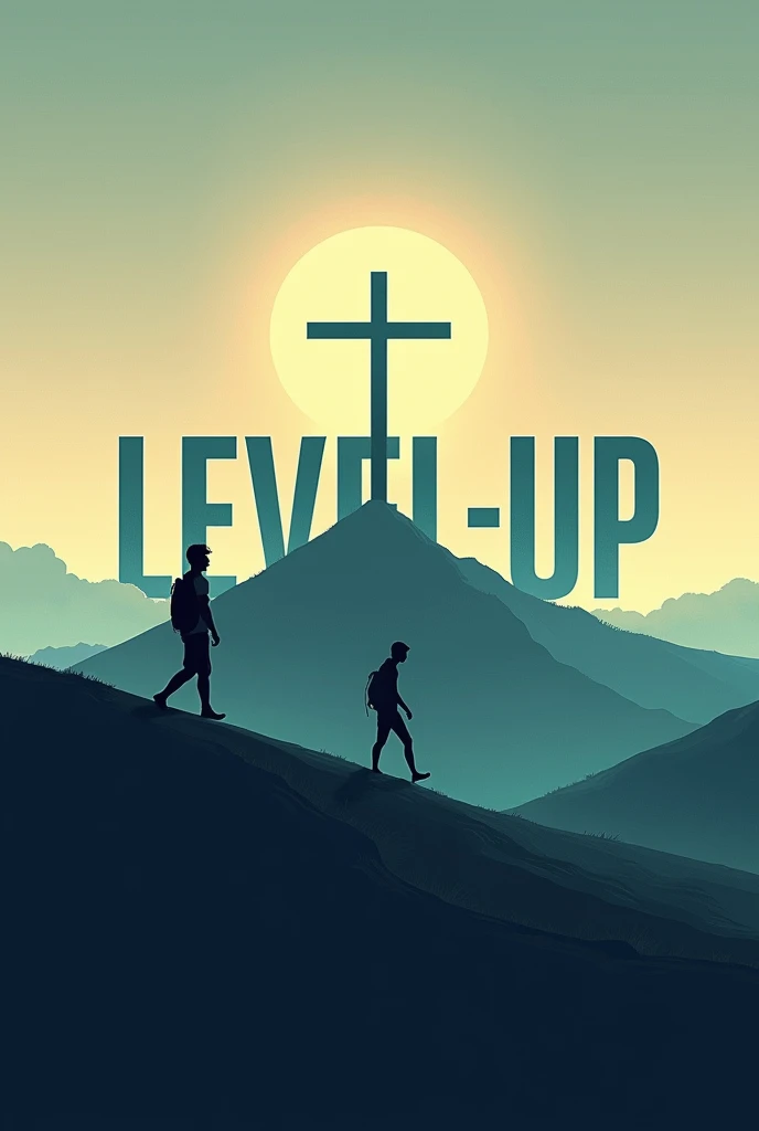 A poster named LEVEL - UP, the P of UP converting to a cross, poster must habe the name
With a person trekking towards the cross on top