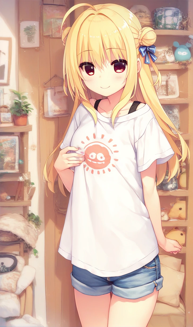 1girl,hiyori-default,red eyes,blonde hair,iong hair,double bun,ahoge,shorts,shirt,denim,white_shirt,denim_shorts,livingroom,standing,put the shirt into the shorts,smiling