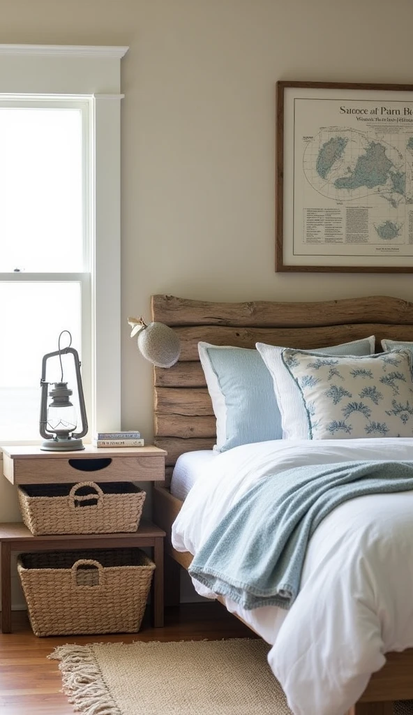 A coastal bedroom featuring a reclaimed driftwood headboard and minimalist-style bed, capturing both rustic and coastal styles. The walls are painted a faint sandy beige, while the linens are crisp white and pale blue. A ship's lantern on the night table and a large framed nautical chart contribute to the coastal theme without overwhelming the space. The room is enriched with woven baskets and a jute rug, adding texture and warmth. The design highlights the use of driftwood to infuse rustic natural elements into coastal decor, creating a welcoming and textured ambiance.