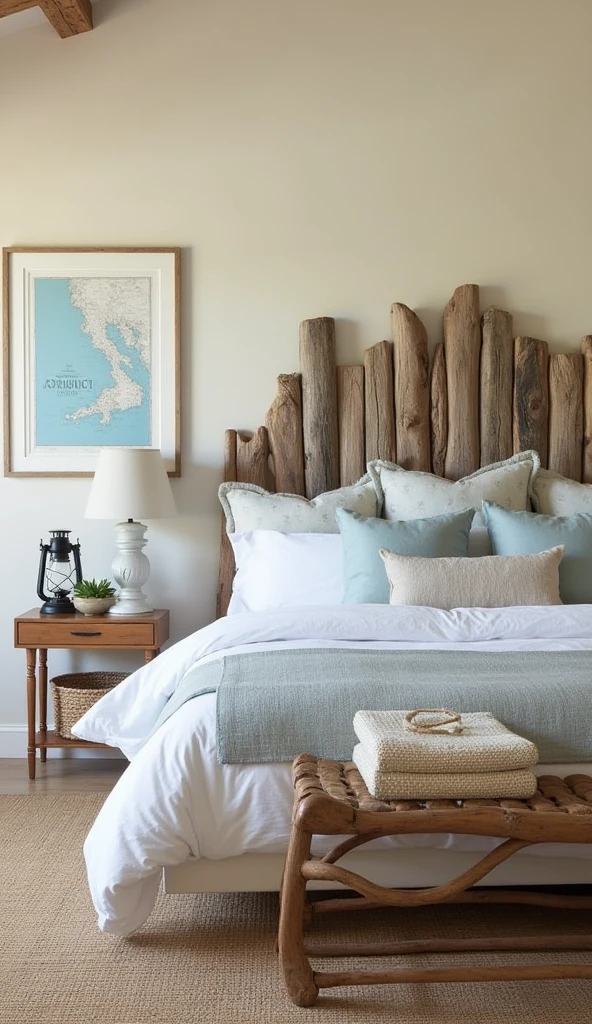 A coastal bedroom featuring a reclaimed driftwood headboard and minimalist-style bed, capturing both rustic and coastal styles. The walls are painted a faint sandy beige, while the linens are crisp white and pale blue. A ship's lantern on the night table and a large framed nautical chart contribute to the coastal theme without overwhelming the space. The room is enriched with woven baskets and a jute rug, adding texture and warmth. The design highlights the use of driftwood to infuse rustic natural elements into coastal decor, creating a welcoming and textured ambiance.