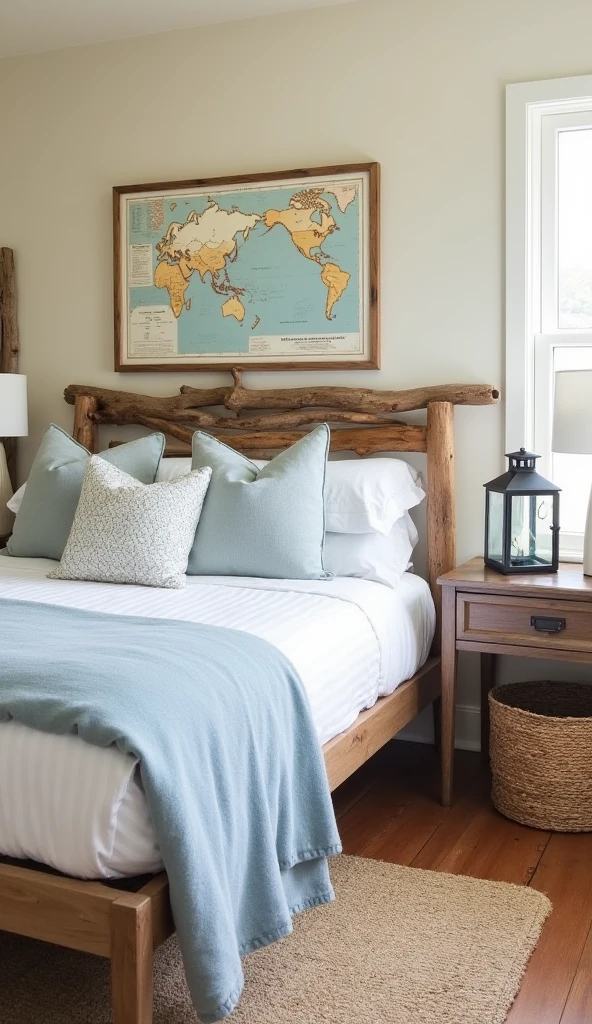 A coastal bedroom featuring a reclaimed driftwood headboard and minimalist-style bed, capturing both rustic and coastal styles. The walls are painted a faint sandy beige, while the linens are crisp white and pale blue. A ship's lantern on the night table and a large framed nautical chart contribute to the coastal theme without overwhelming the space. The room is enriched with woven baskets and a jute rug, adding texture and warmth. The design highlights the use of driftwood to infuse rustic natural elements into coastal decor, creating a welcoming and textured ambiance.