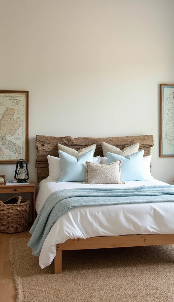 A coastal bedroom featuring a reclaimed driftwood headboard and minimalist-style bed, capturing both rustic and coastal styles. The walls are painted a faint sandy beige, while the linens are crisp white and pale blue. A ship's lantern on the night table and a large framed nautical chart contribute to the coastal theme without overwhelming the space. The room is enriched with woven baskets and a jute rug, adding texture and warmth. The design highlights the use of driftwood to infuse rustic natural elements into coastal decor, creating a welcoming and textured ambiance.