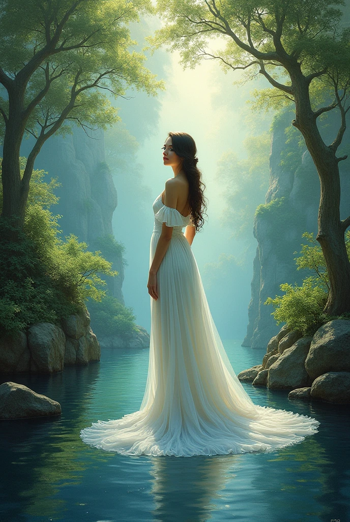 full body A giant greek woman take a bath, river, water, litter flower, plan, tree far away, dramatic sky, dramatic cloud, on a dust field, full body, naked, female greek,female greek god, white hair, hairy torso, fantasy, intricate, elegant, highly detailed, digital painting, artstation, concept art, smooth, sharp focus, illustration, art by gaston bussiere and alphonse mucha, naked