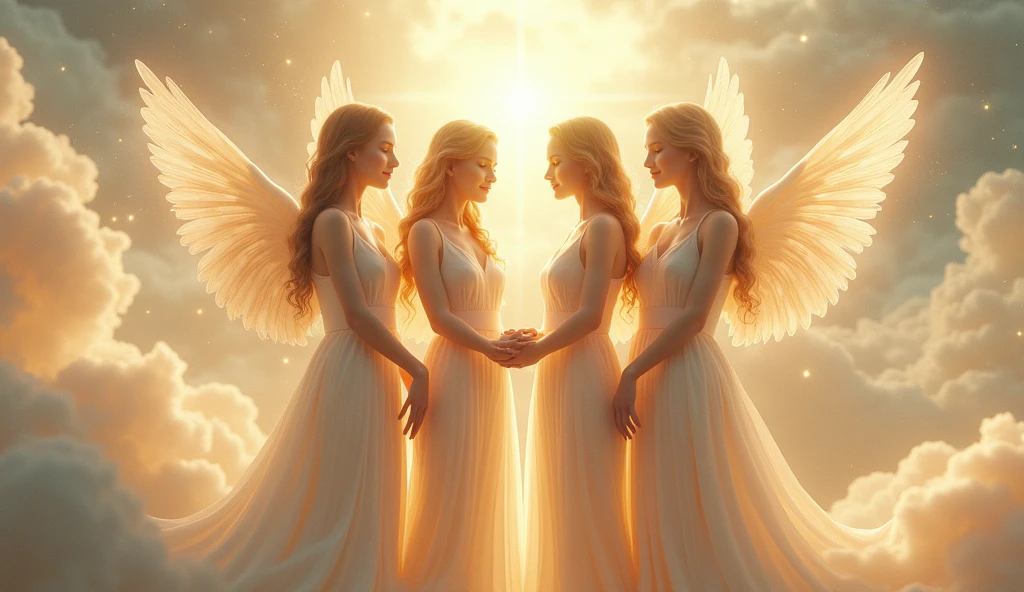 Four beautiful angel sisters standing side by side。Celeste、celestine、Celestina、Celestia