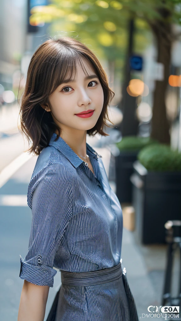(masterpiece、Highest quality、high resolution、High definition、detailed、8k:1.28)、(RAW Photos、Clear photos、Professionally taken photos:1.22)、Soft lighting、Outdoor、Fashion model woman、A woman posing in the streets of New York City、Japan woman at 21 years old、Very beautiful woman、Good proportions、Perfect Anatomy、Normal limbs、Medium breast、Glowing Skin、Realistic skin texture、Light makeup、detailedな顔、Well-formed face、Dark brown eyes、smile、Direct your gaze this way、looking at the camera、Dynamic Pose、(Striped collared shirt、Long skirt、pumps、Simple Necklace:1.3)、Short Hair、Wavy hairstyle、Delicate hair、Brown Hair、((Canon EOS 6D, SIGMA 50mm F1.4 DG HSM Art, 1/500sec, F10, ISO200, 50mm))、In New York、In the city、Very nice lady、A photo capturing the perfect moment