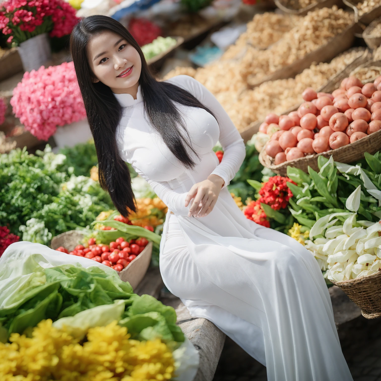 Vietnamese girl wearing ao dai, chubby body, big round firm breasts, sharp detailed face, beautiful dress, smile, ao dai with slits on both sides, scene at a rural market, fat body, super big breasts, sitting