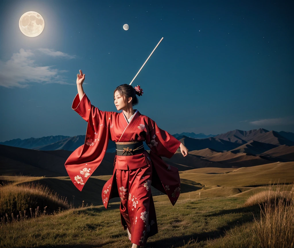 masterpiece, best quality, samurai in red kimono, cloth flowing in the air, moon, boreal steppe, sfw