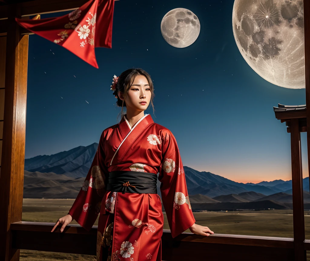 masterpiece, best quality, samurai in red kimono, cloth flowing in the air, moon, boreal steppe, sfw