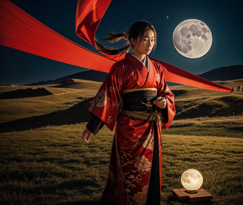 masterpiece, best quality, samurai in red kimono, cloth flowing in the air, moon, boreal steppe, sfw