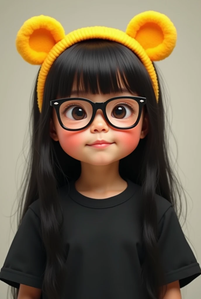 A child with square black glasses, intelligent, black straight long hair, a big chubby face, wearing a yellow bear ear headband, and a black smock.