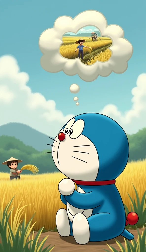 Doraemon sat lost in thought, reflecting on the unexpected and unforgettable adventure., 
Create a thought cloud  ( The farmer is harvesting rice.)