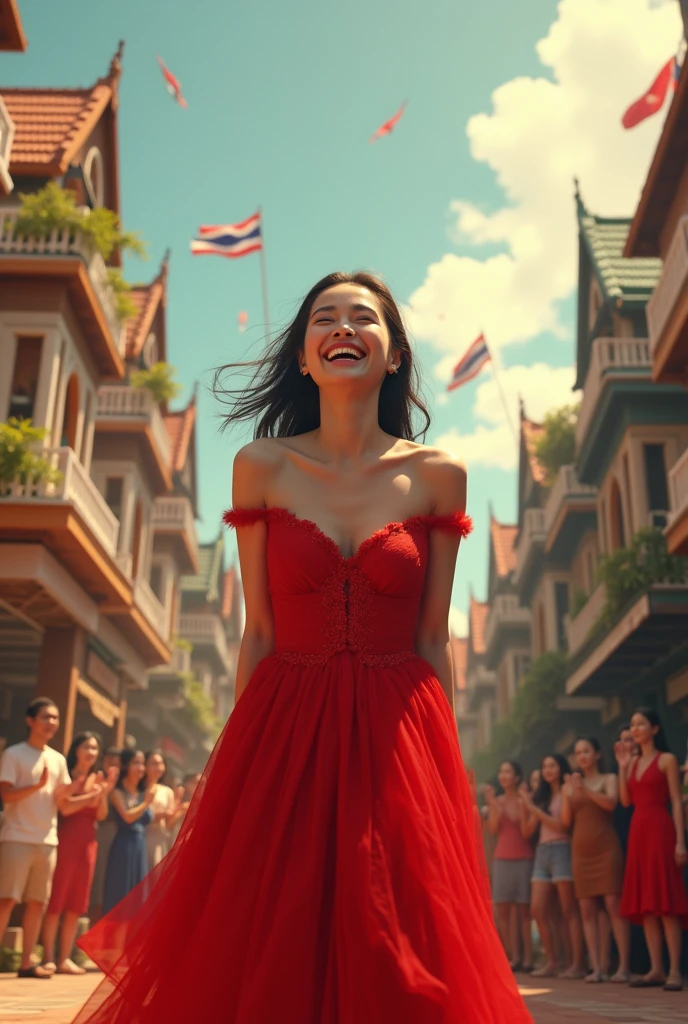 3d image of young woman in red dress Laughing like crazy, eating the house, eating the city, becoming the leader of the country under the Thai flag.
There are many people who are afraid.
The father stood and applauded with joy.
wear red clothes