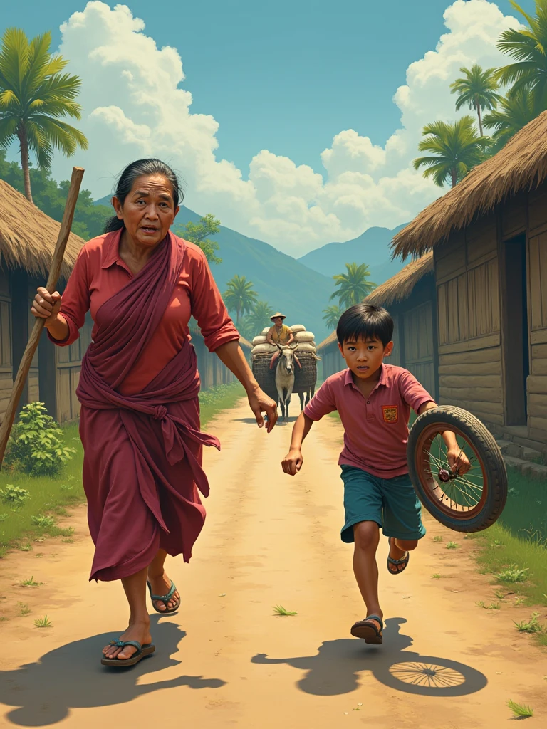 Burmese rural customs, the atmosphere of a rural village, a mother over 40 years old is chasing her son with a stick, her son is running along the village road, there are rows of thatched houses in the surrounding area, a farmer is loading rice on a bullock cart, his 8-year-old son is crying and running away from his mother with an old bicycle tire A common picture of the Burmese countryside,vivid vantage image,