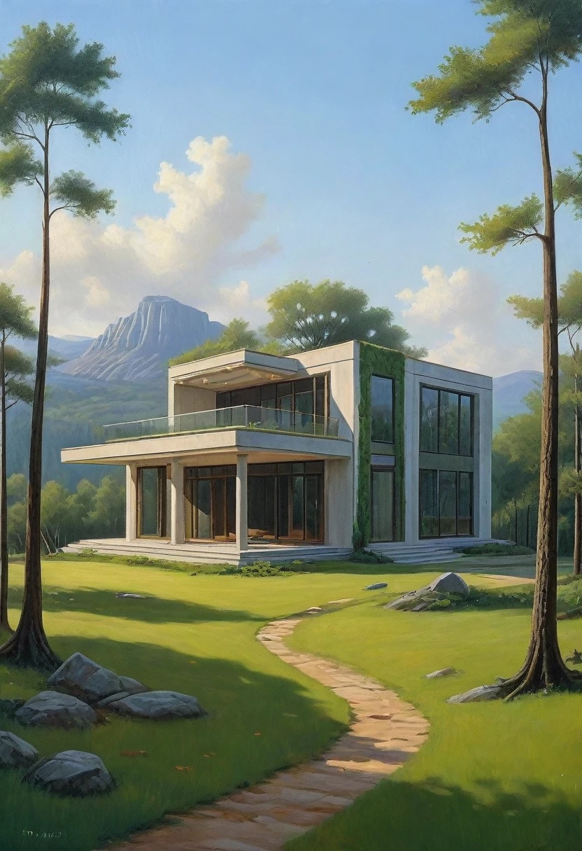 ralph-mcquarrie style, greek architecture done in a sci-fi style on a beautiful forest and meadow scene with tall buildings and open green spaces, oil painting, beautiful, highly detailed