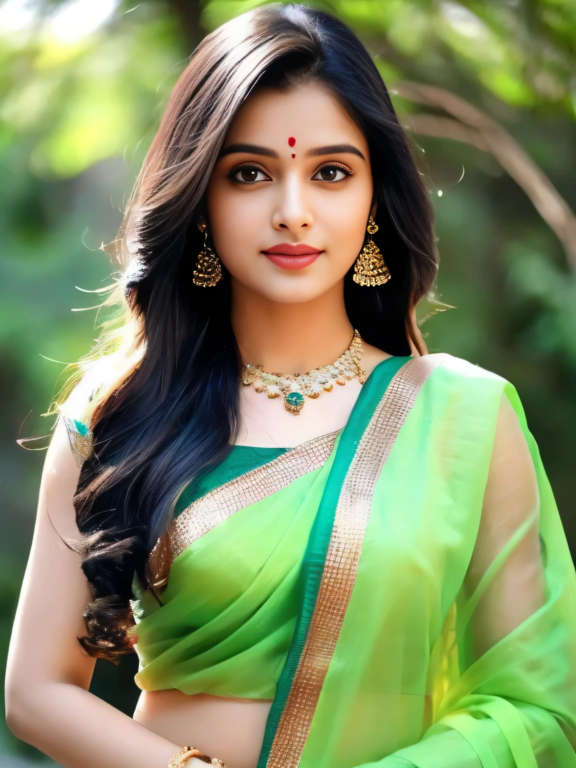 8K, ultra high detailed, an indian girl, cute face, happy, long hair, impressive hairstyle, detailed eyes, detailed lips, indian clothes, saree, green saree, lace, wearing jewellery, nature background, flowers, afternoon, shadow, clear weather, osm weather, whole body capture, setting