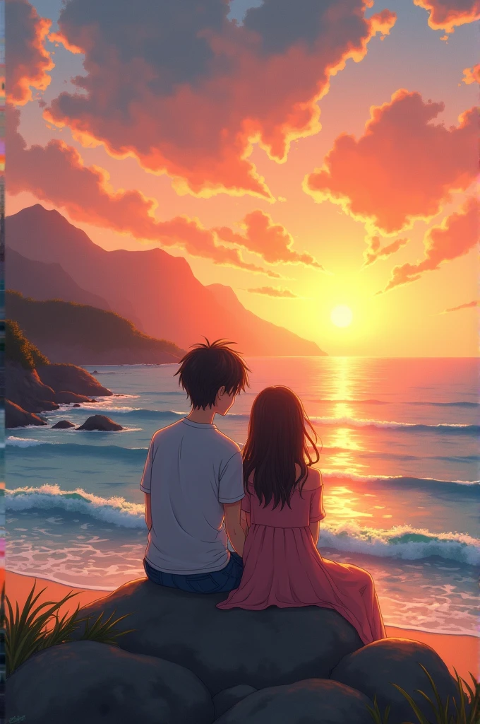 A couple watching the sunset towards a beach sitting in the mountain anime style 16:9 format
