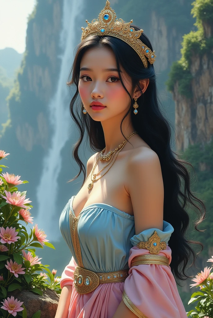 Full length: a full-body picture of a beautiful young woman, sweet and gentle, wearing a light blue strapless Thai dress, a nine-gem belt, a pink sarong with gold trim, a light blue shoulder cloth, long flowing black hair, wearing a crown, tied loosely, facing a high cliff with small flowers growing all around, beautiful, glowing and shimmering light. Three-dimensional picture, oil painting, sharp picture, art of Professor Chalermchai.