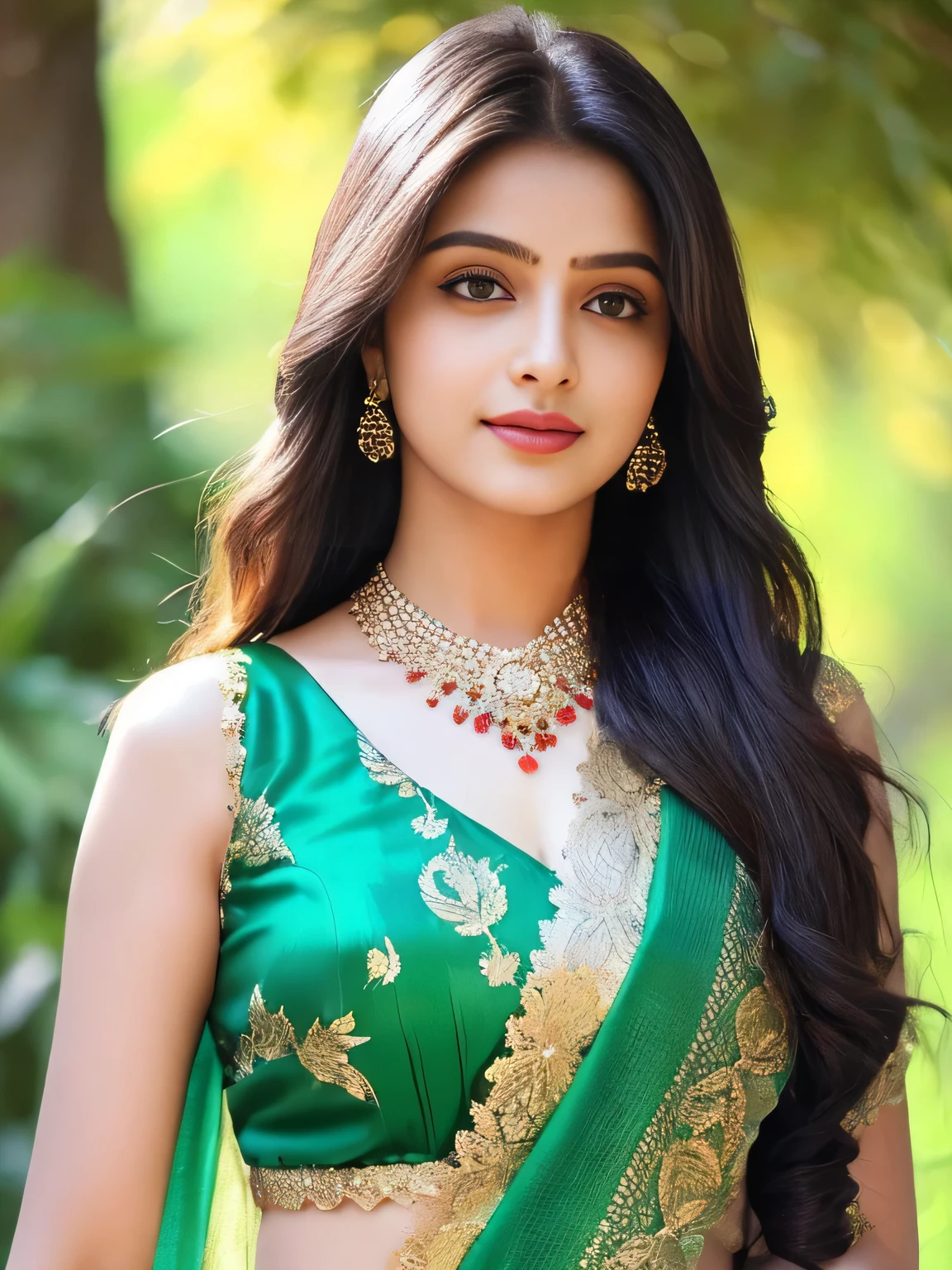 8K, ultra high detailed, an indian girl, cute face, happy, long hair, impressive hairstyle, detailed eyes, detailed lips, indian clothes, saree, green saree, lace, wearing jewellery, nature background, flowers, afternoon, shadow, clear weather, osm weather,  whole body capture, setting 
