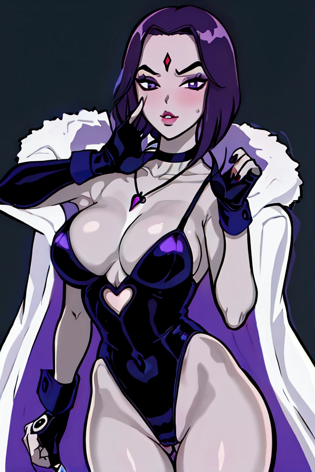 1girl, voluptusce_body, breasts, solo, leotard, purple_hair, purple_eyes, grey_skin, cleavage, wide_hips, colored_skin, covered_navel, thigh_gap, looking_at_viewer, forehead_jewel, choker, short_hair, gloves, highleg, bare_hips, purple_lips, highleg_leotard, black_leotard, thighs, medium_breasts, jewelry, bare_shoulders, blush, heart, belt, makeup, black_choker, fingerless_gloves, elbow_gloves, parted_lips, collarbone, necklace, cowboy_shot, lips, lipstick, black_gloves