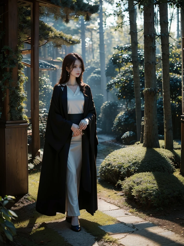 ((upper body)),A serene night scene in a dense forest, with a beautiful witch standing in the middle. The witch wears a simple, elegant dark robe with long sleeves, blending harmoniously with the natural surroundings. Her expression is calm and thoughtful, exuding quiet power and wisdom. The forest is illuminated by soft, ethereal moonlight filtering through tall, slender trees, casting gentle shadows on the moss-covered ground. The atmosphere is peaceful and subdued, with a focus on the quiet beauty of the night. The scene should feel mystical and tranquil, with the witch seamlessly integrated into the starlit environment." Additional Parameters: Style: Realistic, moody lighting Lighting: Soft moonlight, subtle shadows Colors: Dark tones, natural shades Composition: The witch should be centered, with tall trees in the background and soft light highlighting her figure Environment: Dense forest at night, mossy ground, serene atmosphere