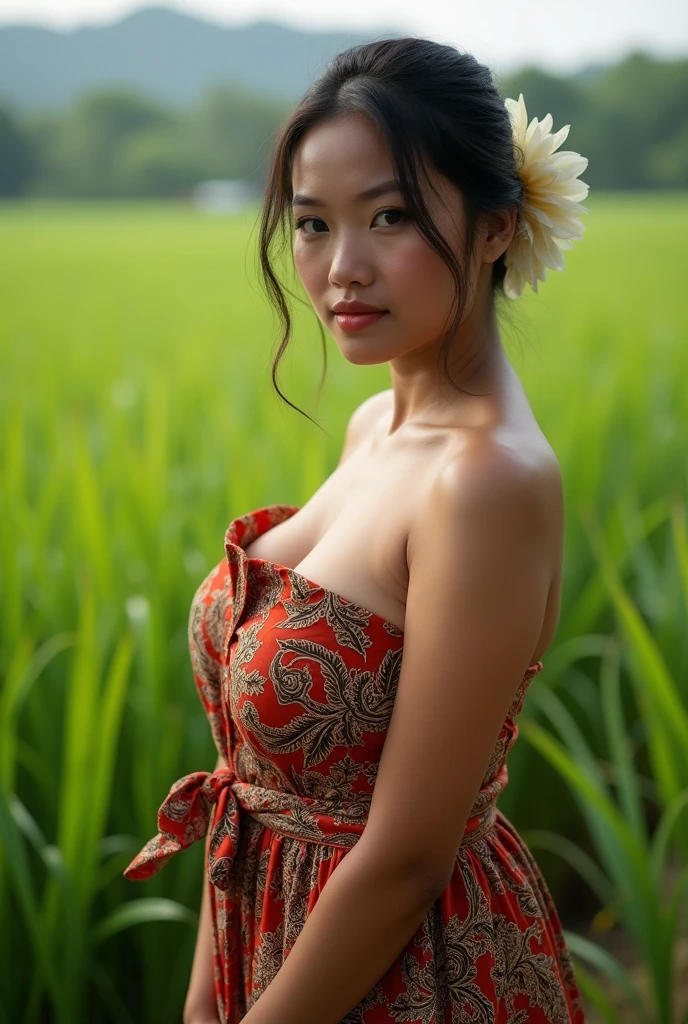 (hyperrealistic photo), exotic indonesian woman, plump, natural big breasts, a jasmine flower on her ear, tied bun hair, knee-lenght batik tubedress with intricate javanese details, looking at the viewer, natural light, wide angle full-body shot, indonesian rice farm in the background,