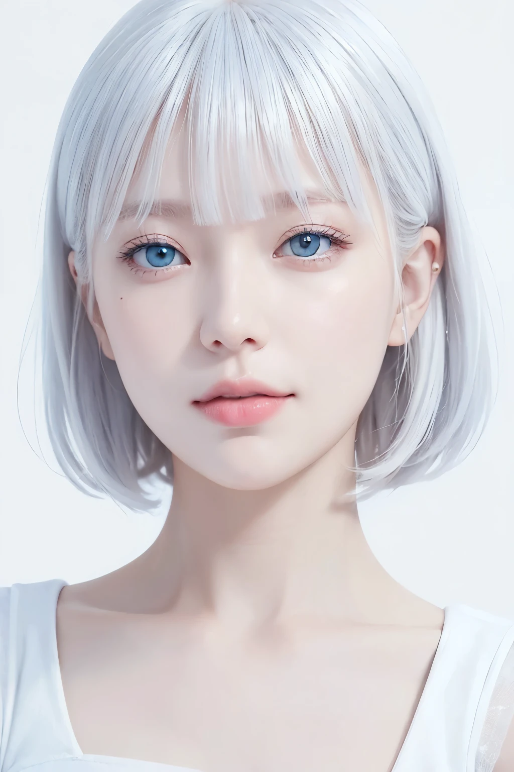 (((White Background:1.3)))、Albino women、Beautiful Face、Eyes are light blue、A Little Smile、Short-cut hair with gray hair、White Dress、(Attention to detail of the skin: 1.2)、Background Blur, Beautiful fade out、White world、White Background、