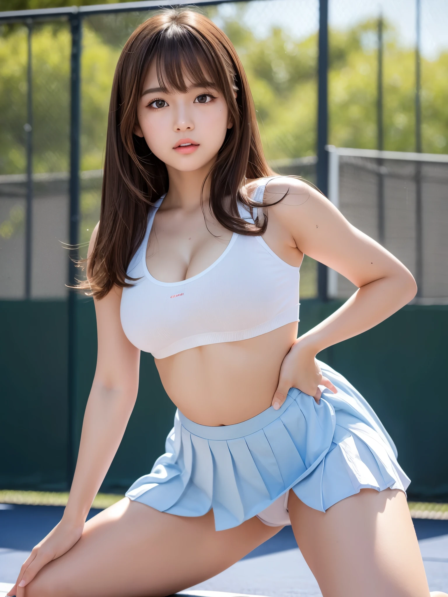 Product quality,1 girl,Cowboy Shot,Front view,Thigh Emphasis,(Knee-deep shots:1.3),Young and sexy Japanese,18-year-old,Tennis court,Wearing stylish blue tennis wear,(White ultra short micro pleated mini skirt),wear,No underwear,((Small Head,face:0.4))超かわいいface,赤ちゃんのface,Glossy Lips,Big eyes,Double eyelids on both eyes,(Natural Makeup),Brown eyes,Small and cute nose,shiny smooth light brown hair with long hair,,Asymmetrical bangs,Center image,8k resolution,Attention to detail,Detailed hairstyle,詳細なface,Cinema Lighting,Octane Rendering,Ultra-realistic,Perfect limbs,Voluptuous thighs,Plump body,Huge breasts,(Expresses the roundness and softness of the chest area..........1) Soft Skin,(Glowing Skin, Sweaty: 1.3), Spread your legs,Provocative dynamic pose,