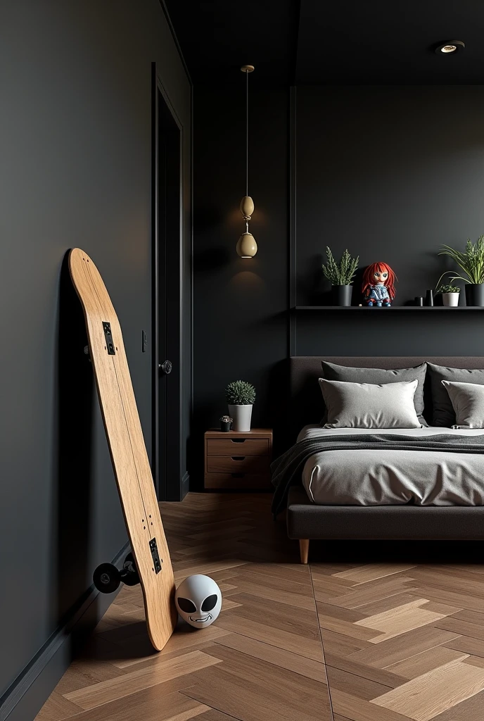 Luxury room with black walls and wood-look vinyl flooring, with a skateboard leaning against the wall next to a padded bed with large pillows, with a small gray alien mask and a shelf with two plants, a methamphetamine pipe, and a cute Chucky sitting on the shelf