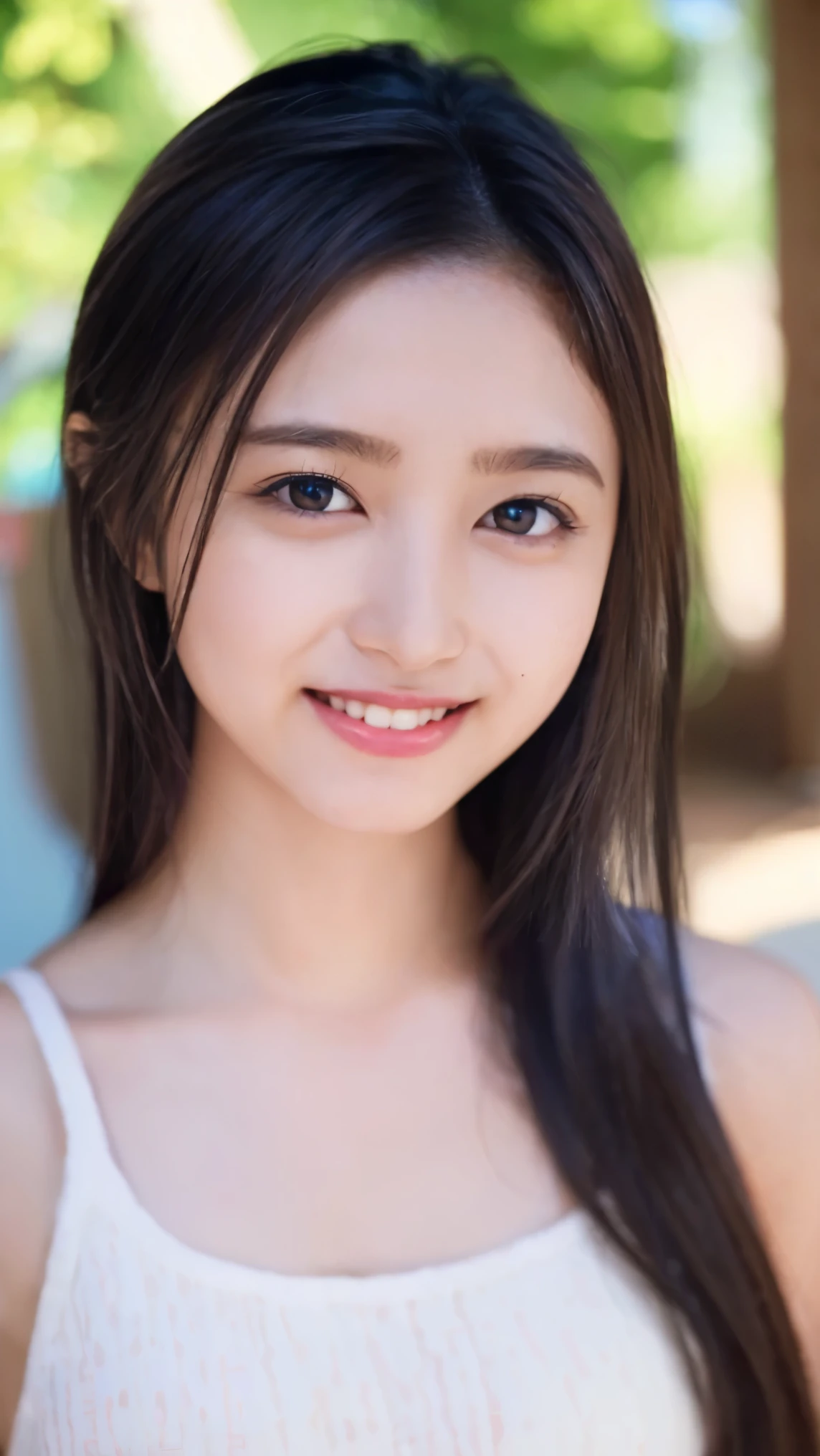 one girls,((Realistic people)),Delicate depiction,delicate expression,(Best Quality), Realistic,masutepiece, (extremely delicate and beautiful), Extremely detailed, amazing, (finely detail), 8k, Ultra-detailed, hight resolution, Soft light, (Beautiful detailed girl), extremely detailed eye and face, beautiful detailed nose, Beautiful detailed eyes,((Slender body)),(((Looking at the camera))),(The best smile),((large full breasts)),((Emphasis on the chest)),(Outdoor dating),a park,((School Uniforms)),(summer clothing),(white shirt)(Wet shirt),(Sheer shirt),(Black bra),(Sheer bra),skin whitening,de pele branca,((Sateen)),Wet body,A dark-haired,