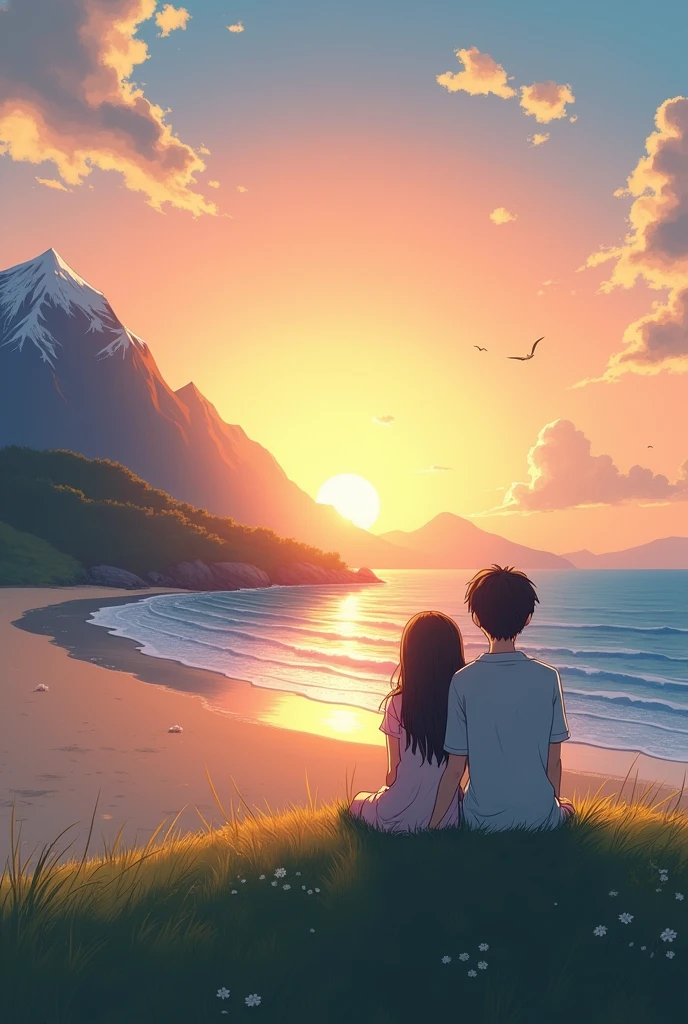 A couple watching the sunset towards a beach sitting in the mountain anime style in 16:9 ratio