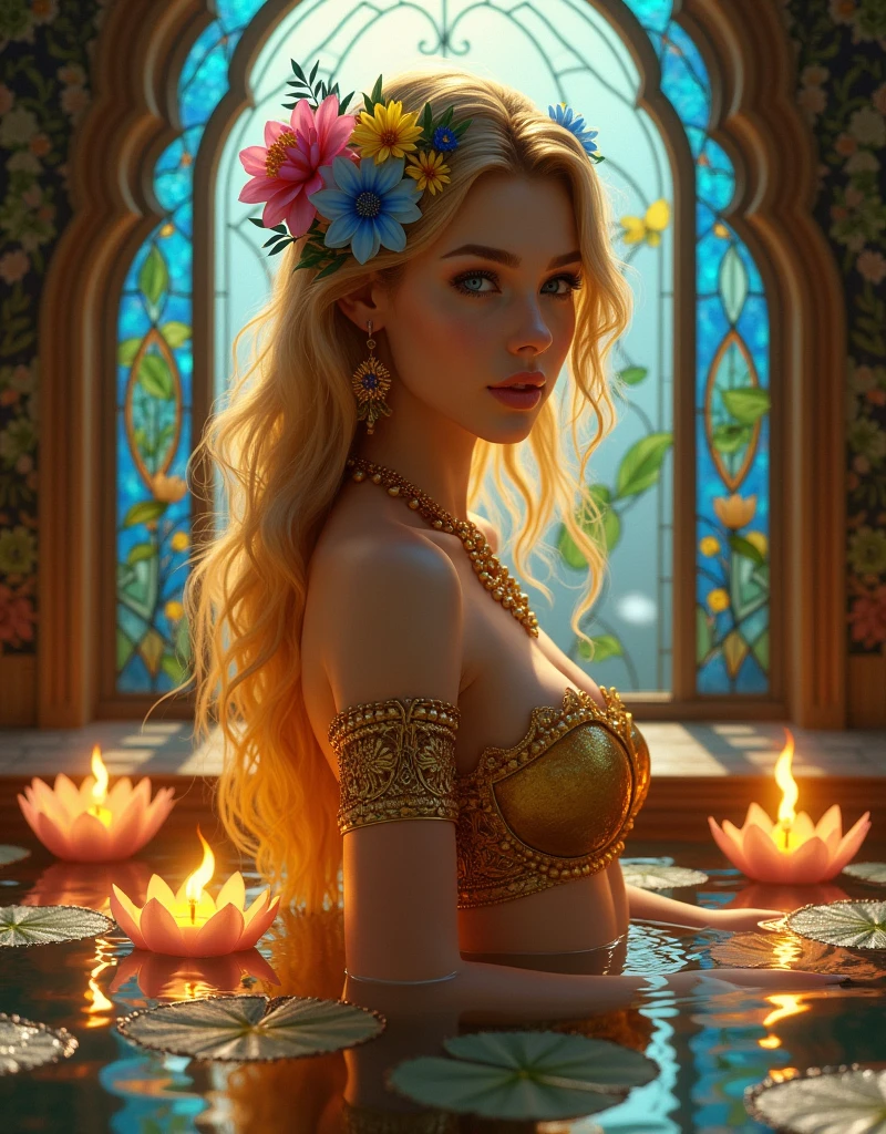 Très joli visage d'une femme blanc comme la porcelaine prise dans un vitrail, 4k, beaucoup, yeux bleu comme saphire bleu, cheveux dorée comme de l'or pur et décorée avec des fleure bleu, jaune et rose, jambe dans l'eau avec des nénufar et des petits bougie avec des flemmes jaune dorée à la surface de l'eau qui ilumine la piece, un bracelet en fleure bleu et jaune sur sa main gauche, vetement de style indienne sexy en or, ambiance chaud et chaleureuse, une autre bracelet en or sur son pied