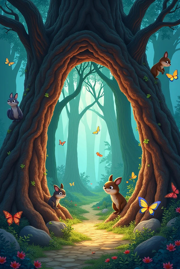 A hidden door opening in the Magic Tree’s trunk, leading to an enchanted forest. The forest is full of whimsical creatures like fairies and talking animals, with vibrant, magical colors all around.