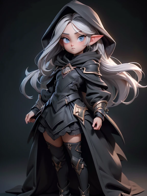 (((Best Quality))), (((Masterpiece))), (((Realistic))) ((full body shot:1.4)),White elf girl, dark grey hair color, very long flowing hair, grey eye color, small eyes, round eye shape, eyeliner, realistic face shape. black shirt, portrait, wearing a black hood, black background, Depth of Field. looking at camera, dreamy look detailed eyes, detailed face, detailed skin, Ultra Detailed, Beautiful and Aesthetic, Masterpiece, Best Quality, shoulders showing. lace fabric, round chin shape. wearing black hood over hair. showing full upper body and face. wearing a black hood, alot of flairs in background, zoomed out, black and gold. glowing.