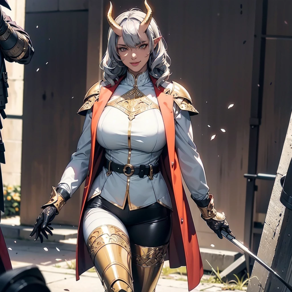 ((best quality)), (detailed), 1 women dark knight armor, 8k_wallpaper, extremely detailed eyes, (large masterpiece digital art), (intricate details:1.3 ), (ultra-detailed:1.3), (sharp focus:1.3), (natural lighting:1.05), (vivid colors:1.3), (best quality:1.4), expressive eyes, full body, detailed face, beautiful face, perfect face, ((hair sandy white curls)), ((gold horns)), (gold eyes), {{dark skin}}, ({dark skinned female}), big breasts, huge chest, mid-range pelvis and big ass, cruel predatory and cold-blooded arrogant look and smile, an open red coat with rolled up sleeves, an open coat with rolled up sleeves, steel heavy knight armor, a wide orange belt lowered lower with large gold yarn, leather pants with steel thigh guards, leather gloves, steel gold bracers and shoulder pads, dark silver chain mail oversleeves, a medieval marching backpack made of animal skins and fur, walking along the path against the backdrop of the elven ruins of the city and colorful blooming flowers,