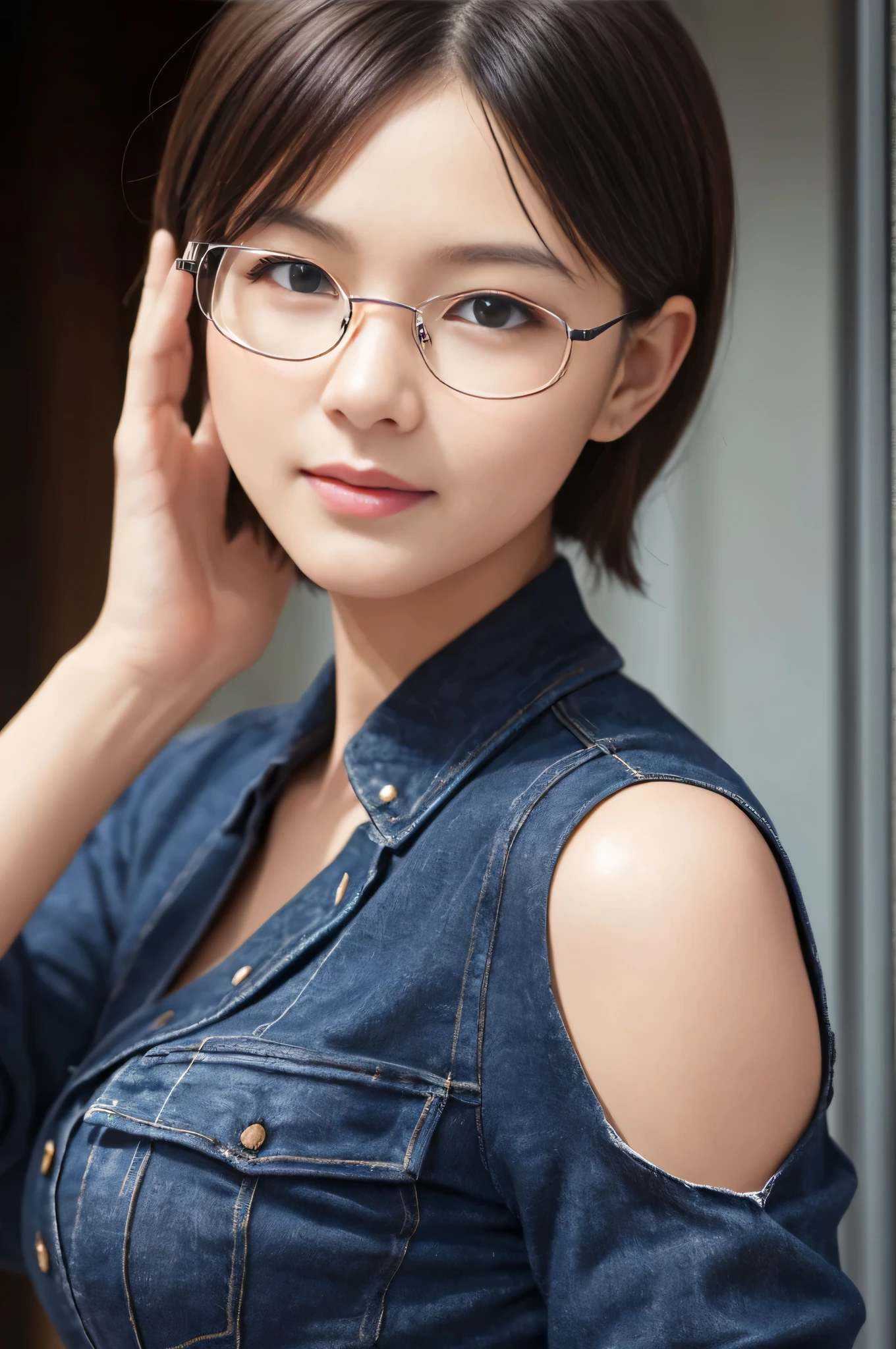 (Shortcuts:1.4), Proudly, Large Breasts:1.2, Blue-eyed, (Perfect Glowing Skin:1.3), (One Girl), (最high quality,8k, RAW Photos, 最high quality, masterpiece:1.2), (Photorealistic:1.37), (Exquisitely crafted down to the last detail), ultras_Farbe, (Realistic), high quality, Super detailed, (Realistic Skin), (Complex details), (dramatic_Light), (beautiful_detailed_Light), Lens flare, ultras_Farbe, (The Shining_particle), (bright_Dust_particle), Professonal Lighting, Photon Mapping, High resolution, Very detailed, Lighting like a movie, (Beautiful big eyes),Lightsmile:1.2, High nose梁,Shining Eyes,(22 year old beautiful Japanese woman),(Perfectly balanced face),(High nose),beautiful composition,(slim),Nice hands,Perfect hands,(Big Breasts:1.2),Looking at the audience,Dynamic pose,Light-emitting particles,(Glowing Skin),beautiful eyes,beautiful face,(Glasses:1.3),(amount:1.3),Gray Hair:1.2,
