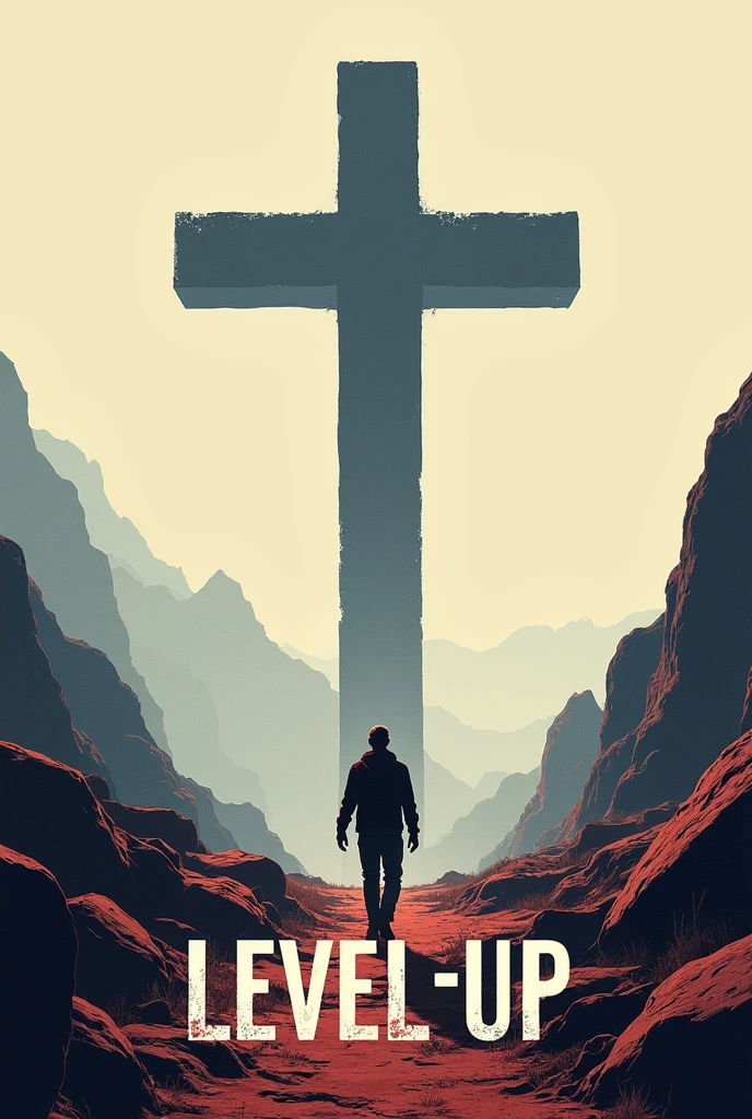 A poster named LEVEL - UP, converting to a cross, poster must habe the name
With a person trekking Towards the cross on top