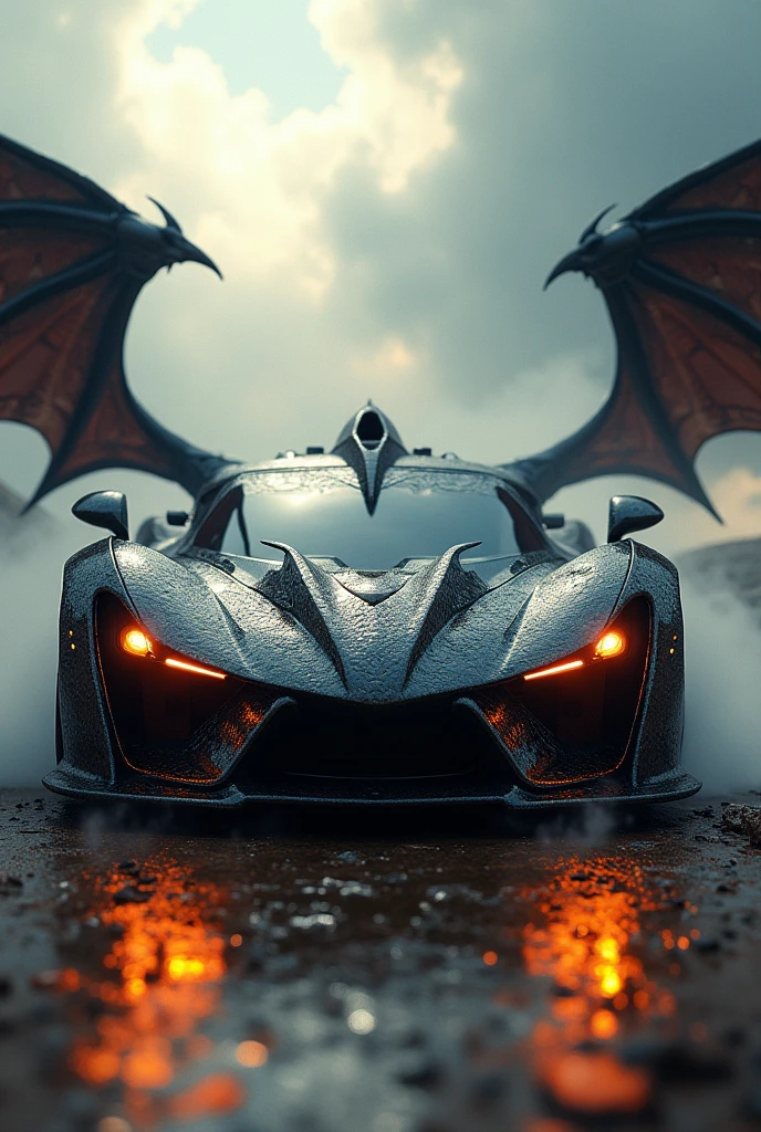 if a fire breathing dragon was a car, incorporate dragon head, dragon wings
