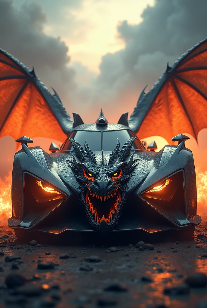 if a fire breathing dragon was a car, incorporate dragon head, dragon wings