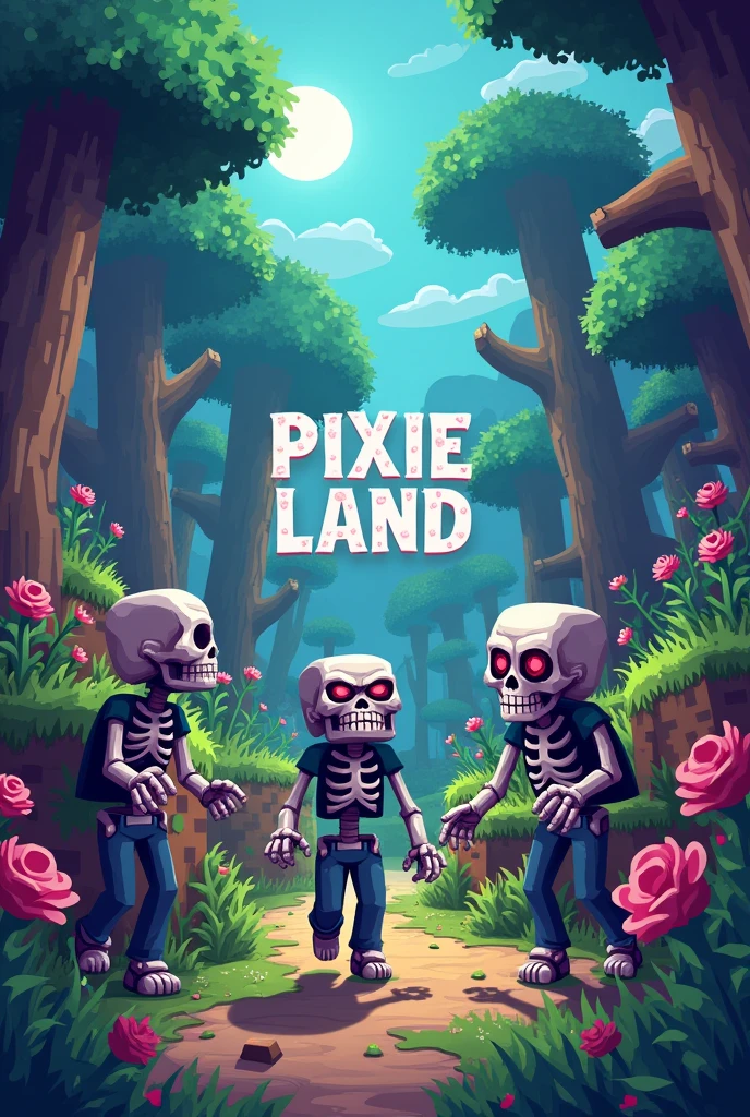 IMAGE THAT SAYS PIXIE LAND WITH MINECRAFT THEMED WITH Skeletons and Human Zombies


