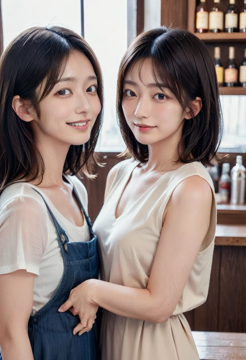Two beautiful girls wearing summer knits、japanes、14years、look away from the camera、terraces、Spinning、A dark-haired、One person has a short bob、a miniskirt、