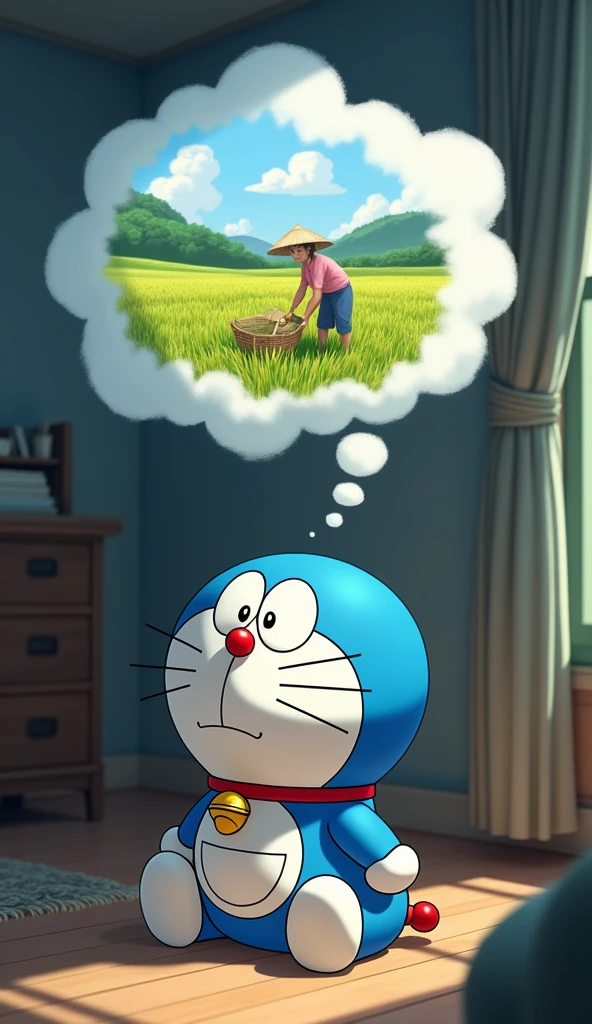 Doraemon sat in the room, reflecting on the unexpected and memorable adventure.,
Create a thought cloud ( The farmer is harvesting rice.)