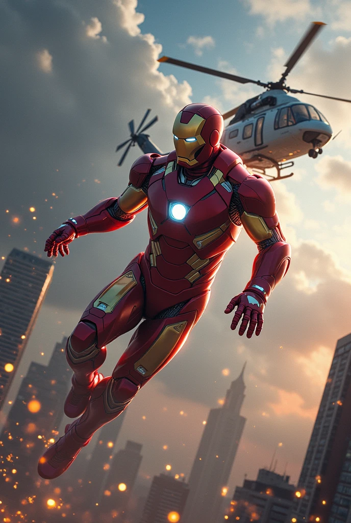 A dynamic and intense scene where Iron Man is attempting to stop a helicopter mid-flight using his immense strength. Iron Man is hovering in the air, his thrusters glowing brightly as he exerts all his power. His hand is gripping the landing ???? of the helicopter, which is struggling to break free, its rotors spinning at full speed, creating a powerful downdraft. The helicopter is tilting slightly due to Iron Man's force, with sparks flying from the metal where his hand meets the ????. The background features a cityscape below, with clouds swirling around, and the tension of the moment is palpable. The image should capture Iron Man's determination and the sheer force of the battle between man and machine, using vivid, hyper-realistic colors and sharp details.