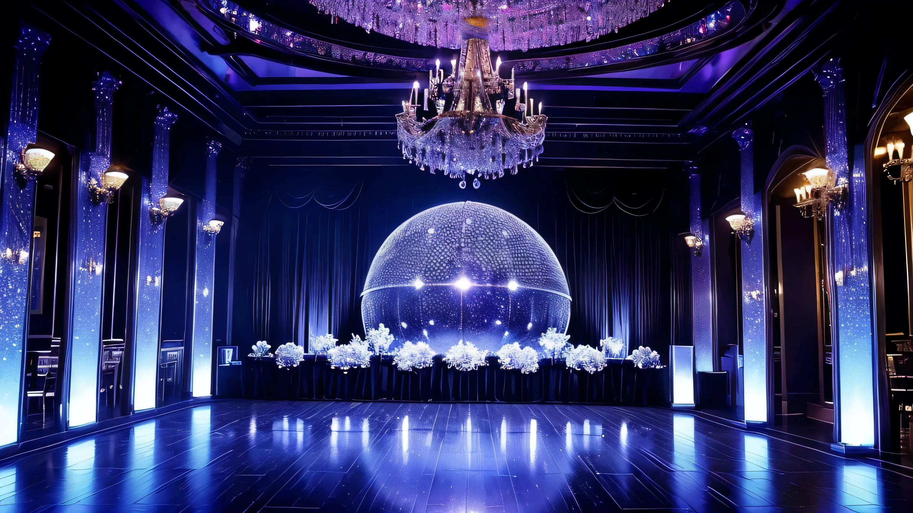 (masterpiece:1.2), (Highest quality:1.2), (Very detailed:1.3), discotic, Party Venue, Mirror ball, illumination, dazzling, dim, No one is dancing.