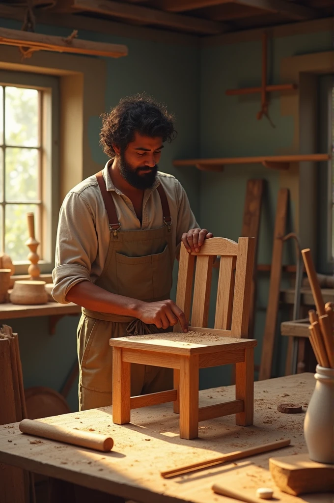 An young Indian carpenter making a chair 