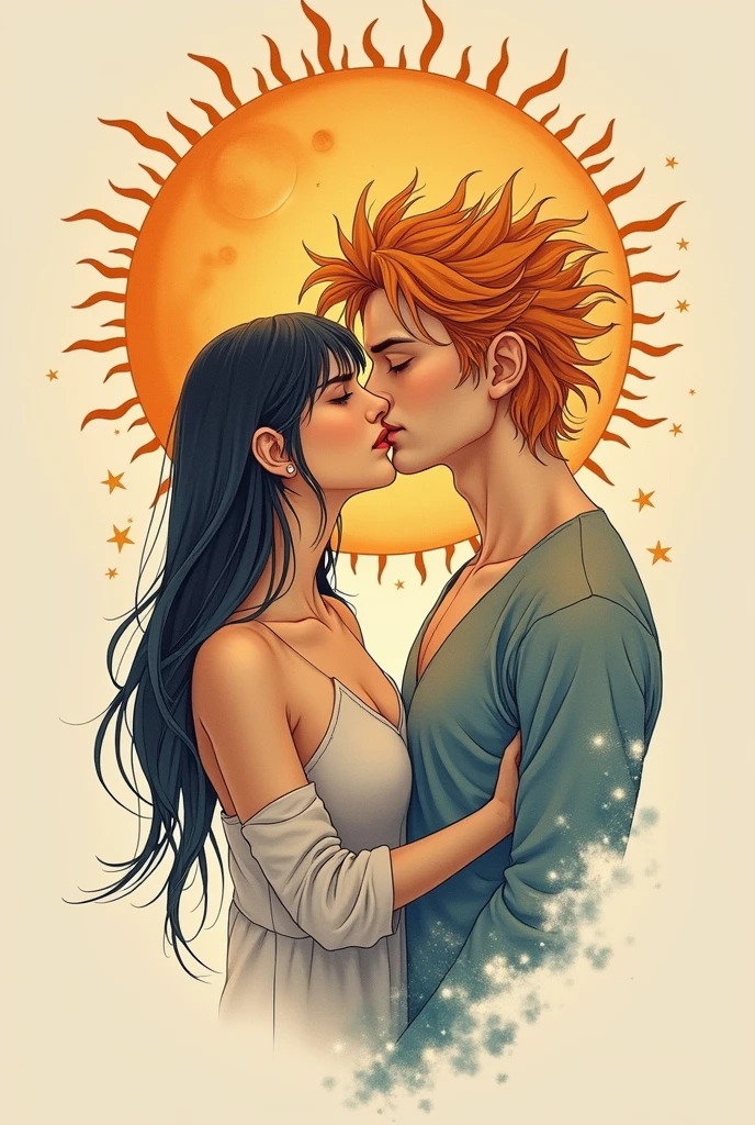 Create a tattoo design that depicts a romantic scene where a female figure, representing the Sun, and a male figure, symbolizing the Moon, are sharing a French kiss. The female Sun has simple, straight hair, and both figures have stylized, celestial features. In the background, larger versions of the Sun and Moon are subtly visible, adding depth to the design. The overall style should be minimalist yet detailed, with smooth lines and a harmonious blend of warm and cool tones to capture the contrast between the Sun and Moon.